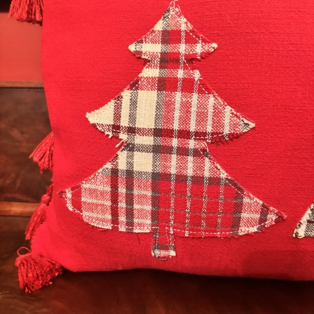 Christmas Plaid Tree Pillow Red‎ Tassel Lumbar 24x14 Holiday Farmhouse Decor